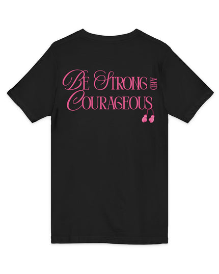 Back of black breast cancer awareness V-neck t-shirt with Be Strong and Courageous in pink script and pink boxing gloves