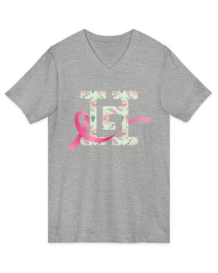 Gray V-neck pink ribbon shirt with floral HG monogram for breast cancer awareness