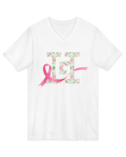 White V-neck pink ribbon shirt with floral HG monogram for breast cancer awareness