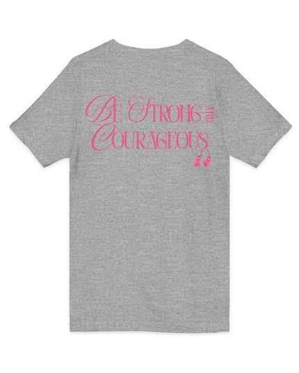 Back of gray breast cancer awareness V-neck t-shirt with Be Strong and Courageous in pink script and pink boxing gloves