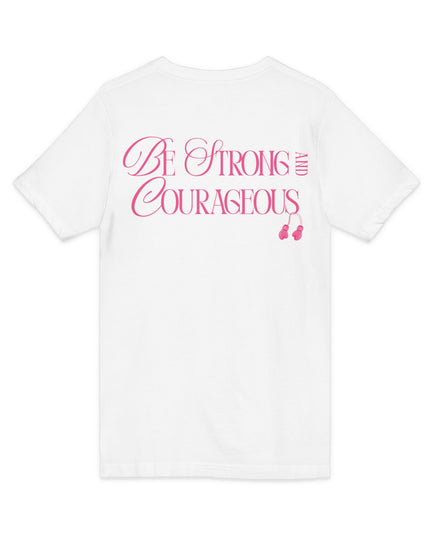 Back of white breast cancer awareness V-neck t-shirt with Be Strong and Courageous in pink script and pink boxing gloves