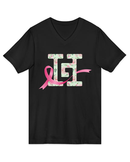 Black V-neck pink ribbon shirt with floral HG monogram for breast cancer awareness