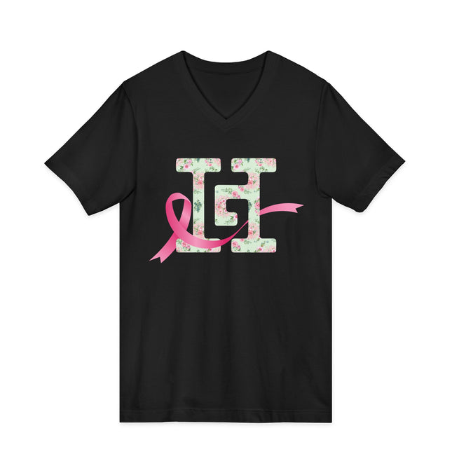 Black V-neck pink ribbon shirt with floral HG monogram for breast cancer awareness