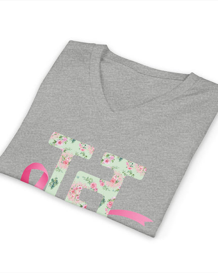 Folded gray breast cancer awareness V-neck t-shirt showing the floral HG logo and pink ribbon up close