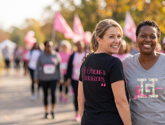 Two women smiling at a breast cancer awareness walk wearing Howard G V-neck t-shirts, one showing Be Strong and Courageous on the back
