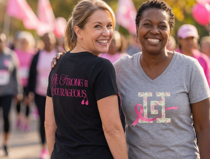 Two women smiling at a breast cancer awareness walk wearing Howard G V-neck t-shirts, one showing Be Strong and Courageous on the back.