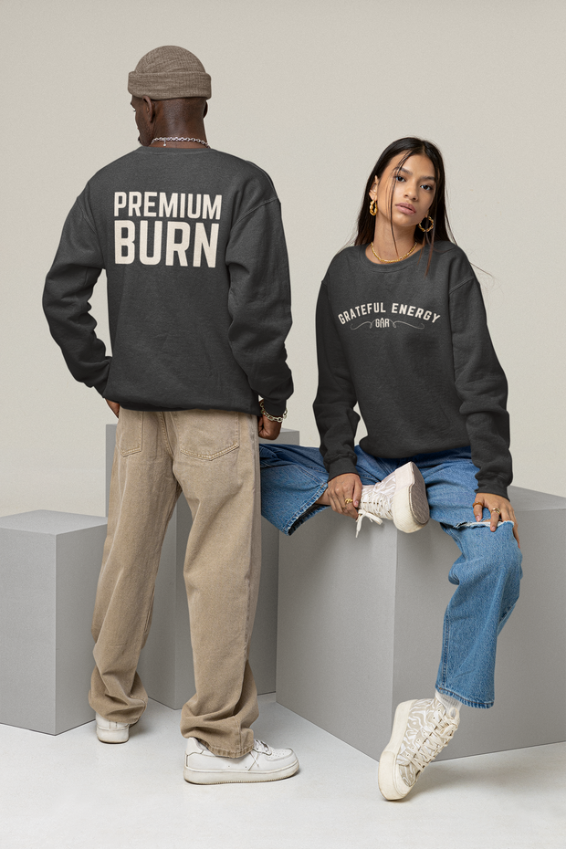 Man & Woman cigar enthusiasts wearing dark grey sweatshirts with grateful energy, premium burn from lifestyle brand gar gear.