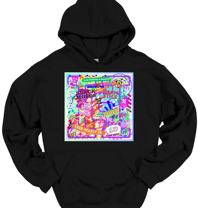 Black hoodie with a colorful graffiti graphic and a Howard G logo