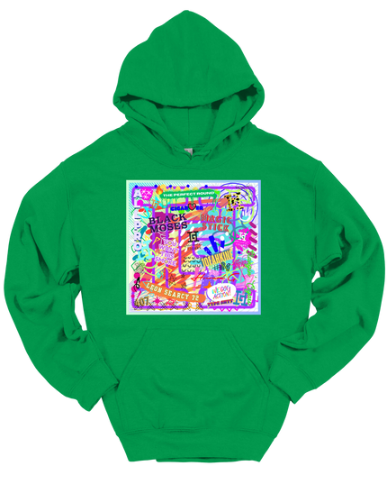 Green hoodie with a colorful graffiti graphic and a Howard G logo