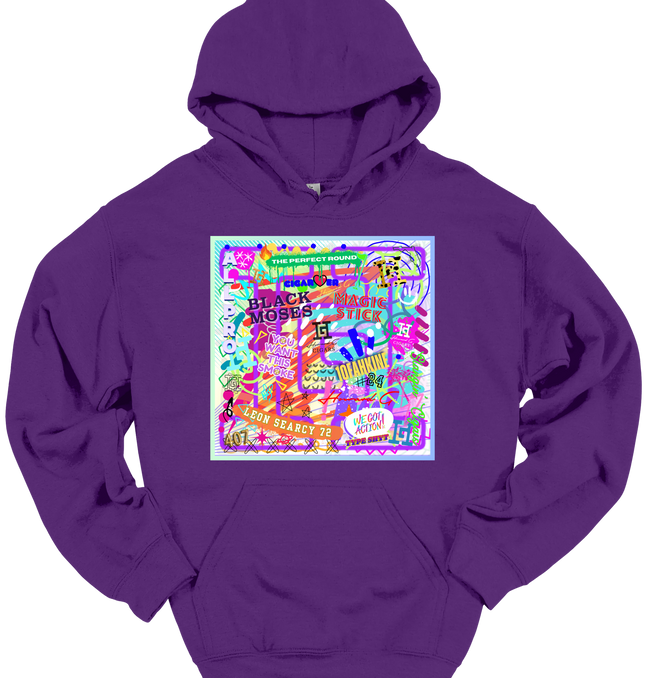 Purple hoodie with a colorful graffiti graphic and a Howard G logo