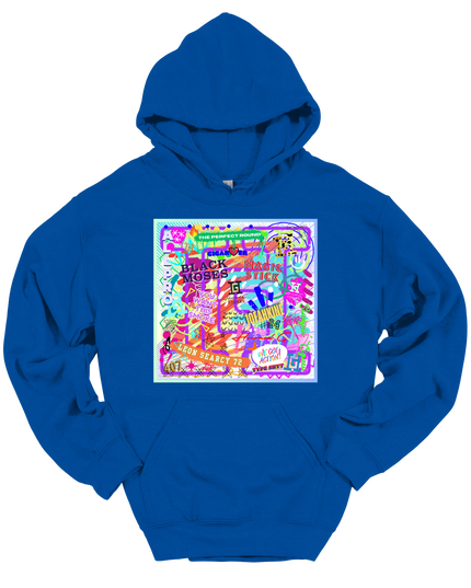 Blue hoodie with a colorful graffiti graphic and a Howard G logo
