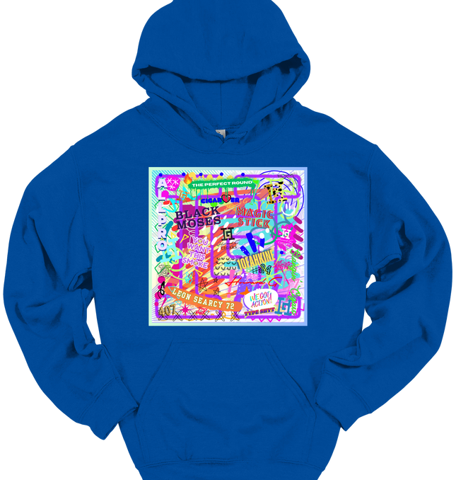 Blue hoodie with a colorful graffiti graphic and a Howard G logo