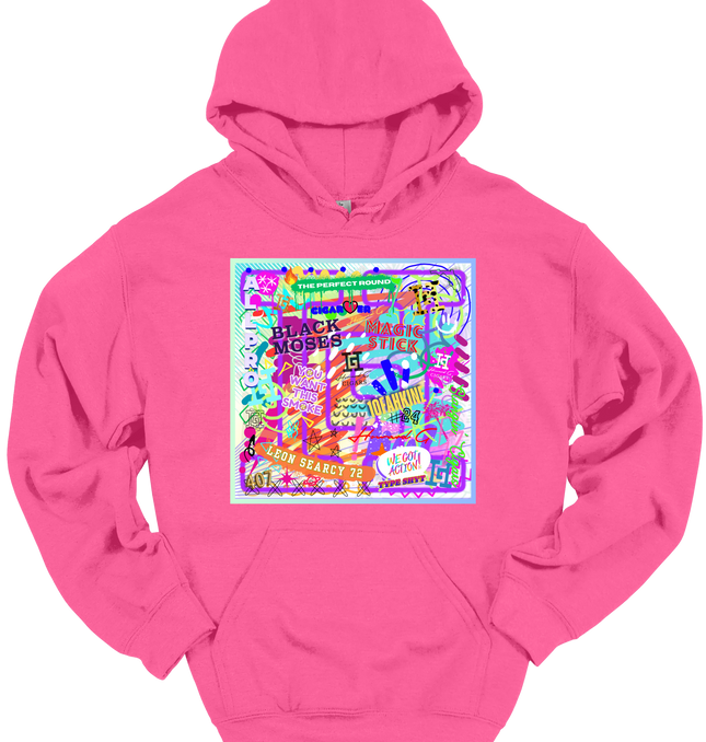 Pink hoodie with a colorful graffiti graphic and a Howard G logo