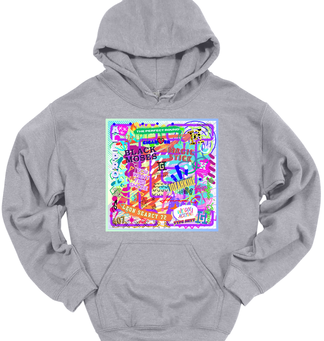 Grey hoodie with a colorful graffiti graphic and a Howard G logo