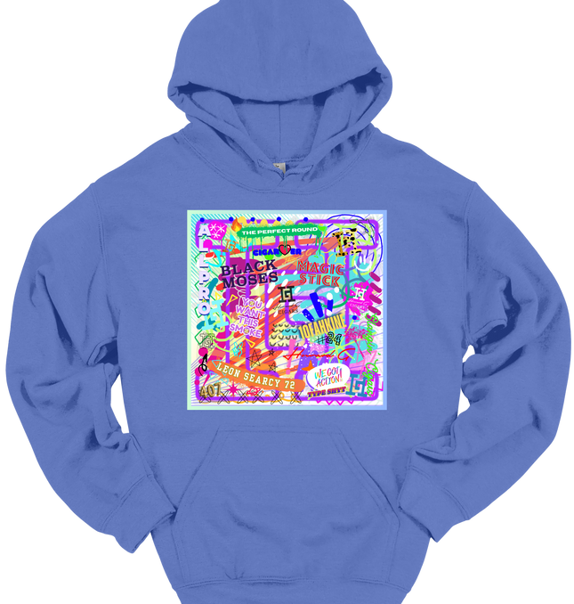 Violet hoodie with a colorful graffiti graphic and a Howard G logo