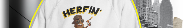 Person wearing a white hoodie with text saying Herfin' Ain't Easy and graphics for cigar enthusiasts.