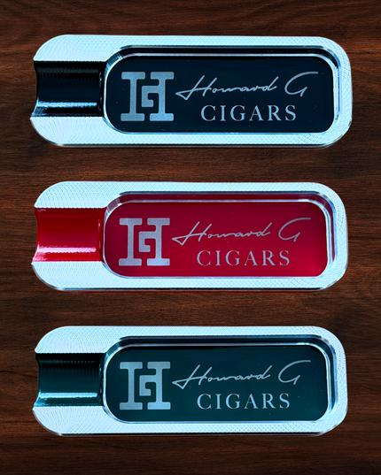 Howard G Cigars engraved aluminum pocket cigar ashtrays in black, dark green and cardinal red