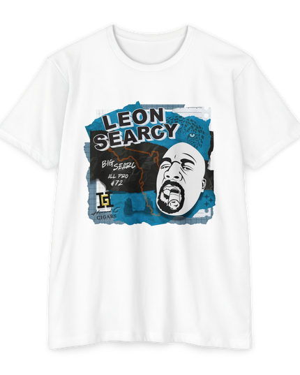 White t-shirt with graphic design featuring the face of All Pro Champion Leon Searcy. Duuuval!