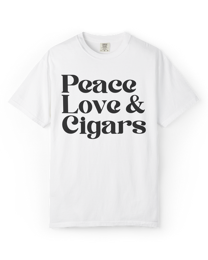 White t-shirt with 'Peace Love & Cigars' text on a white background