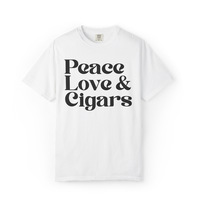 White t-shirt with 'Peace Love & Cigars' text on a white background