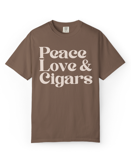 Brown t-shirt with 'Peace Love & Cigars' text on a white background