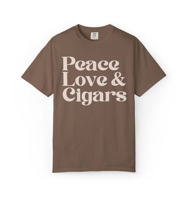 Brown t-shirt with 'Peace Love & Cigars' text on a white background