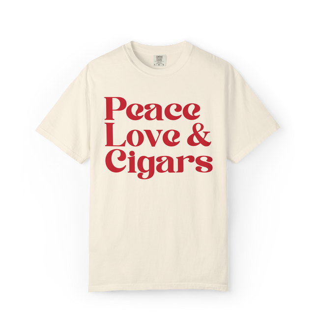 Ivory t-shirt with 'Peace Love & Cigars' text in red on a white background