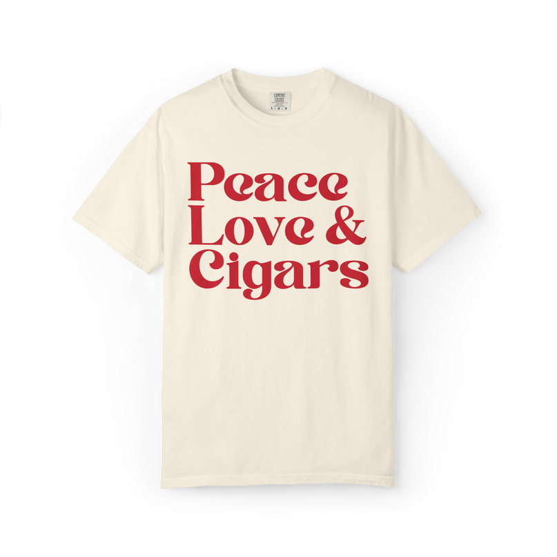 Ivory t-shirt with 'Peace Love & Cigars' text in red on a white background