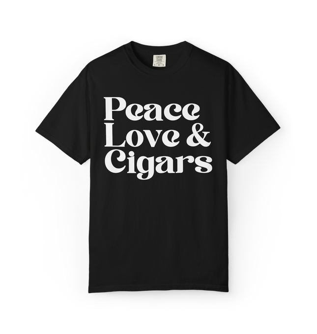 Black t-shirt with 'Peace Love & Cigars' text on a white background