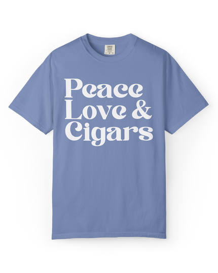 Blue t-shirt with 'Peace Love & Cigars' text on a white background