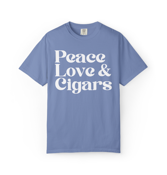 Blue t-shirt with 'Peace Love & Cigars' text on a white background