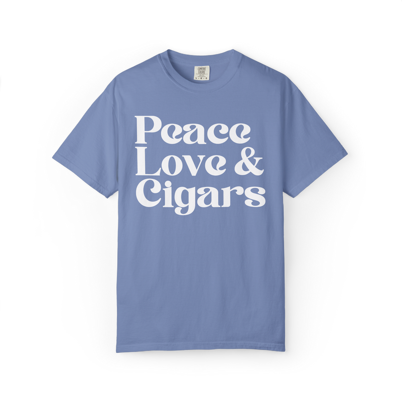 Blue t-shirt with 'Peace Love & Cigars' text on a white background