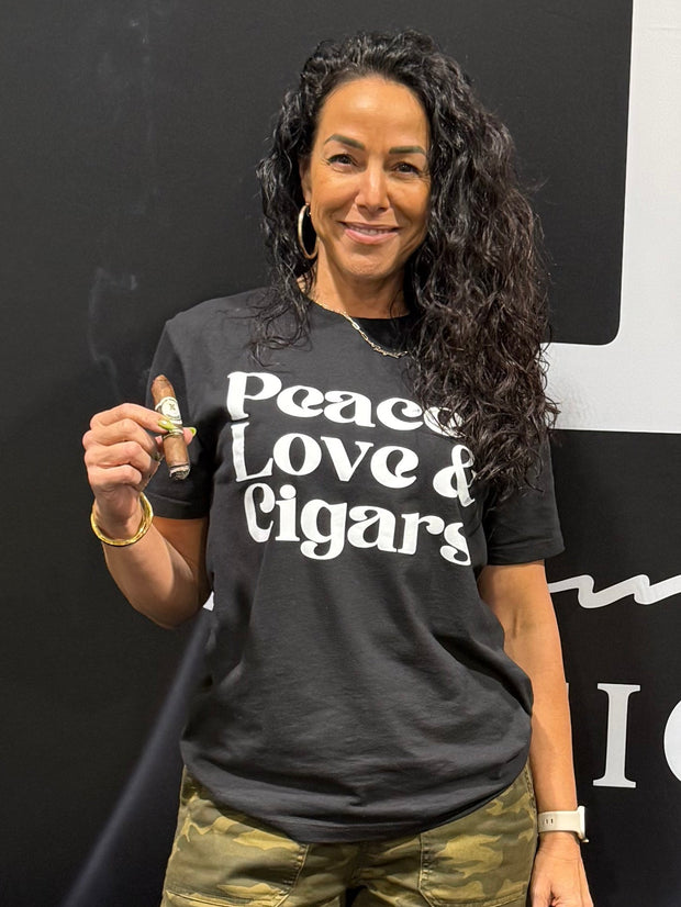 Rachel G wearing the Gar Gear Peace love & Cigars T-Shirt in Black.