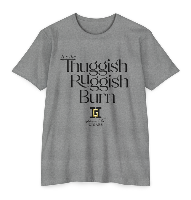Heather Grey T-Shirt with the words Thuggish Ruggish Burn in black on the front with a Howard G Cigars Logo