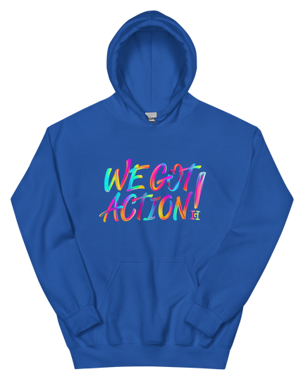 Blue hoodie with colorful 'WE GOT ACTION!' text.