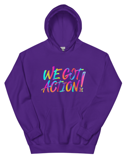 Purple hoodie with colorful 'WE GOT ACTION!' text.