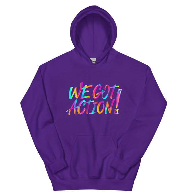 Purple hoodie with colorful 'WE GOT ACTION!' text.