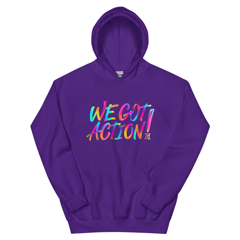 Purple hoodie with colorful 'WE GOT ACTION!' text.