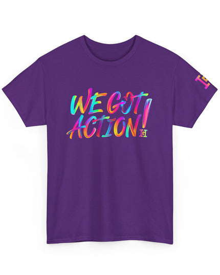 Gar Gear WE GOT ACTION! The OG Purple crew neck t-shirt – front view