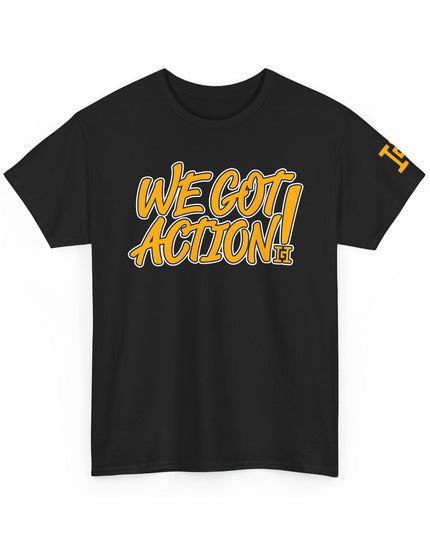 Gar Gear WE GOT ACTION! Drop #78 Black crew neck t-shirt – front view