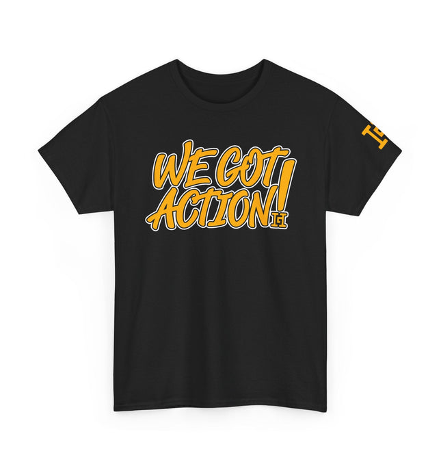 Gar Gear WE GOT ACTION! Drop #78 Black crew neck t-shirt – front view