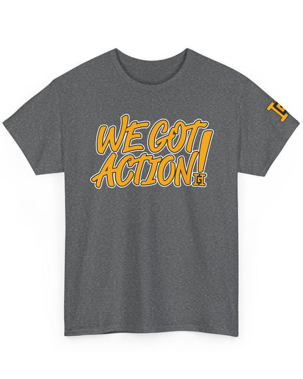 Gar Gear WE GOT ACTION! Drop #78 Heather Grey crew neck t-shirt – front view