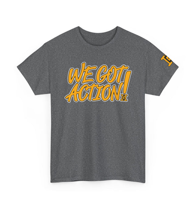 Gar Gear WE GOT ACTION! Drop #78 Heather Grey crew neck t-shirt – front view