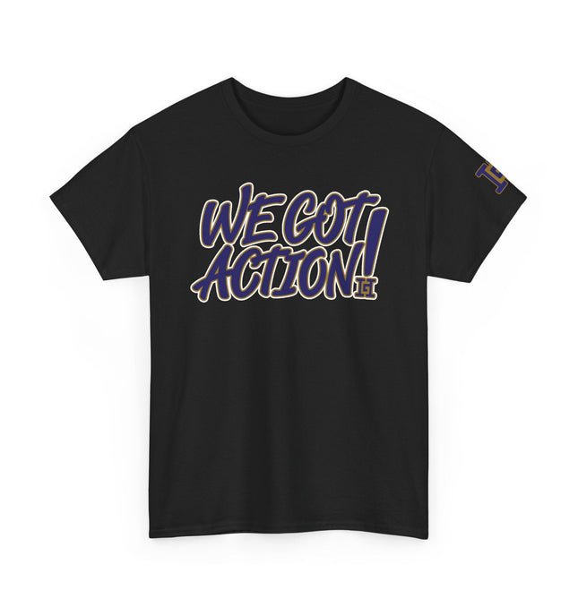 Gar Gear WE GOT ACTION! Drop #79 Black crew neck t-shirt – front view