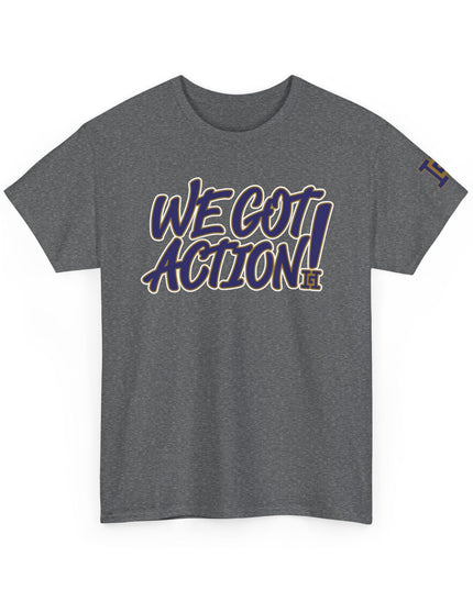 Gar Gear WE GOT ACTION! Drop #79 Heather Grey crew neck t-shirt – front view