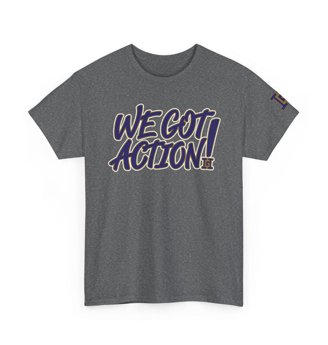 Gar Gear WE GOT ACTION! Drop #79 Heather Grey crew neck t-shirt – front view