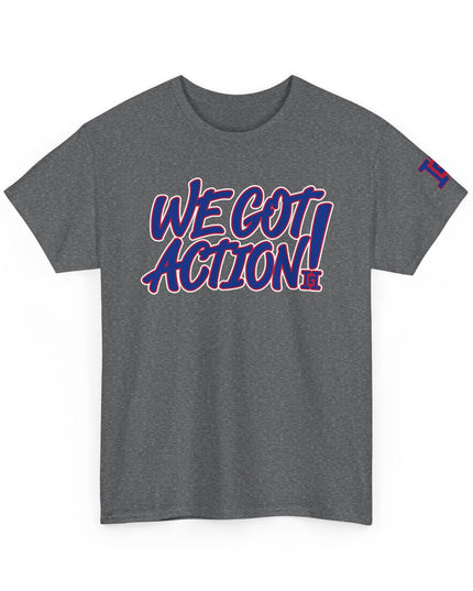 Gar Gear WE GOT ACTION! Drop #80 Heather Grey crew neck t-shirt – front view