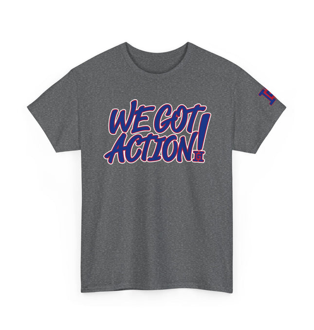 Gar Gear WE GOT ACTION! Drop #80 Heather Grey crew neck t-shirt – front view