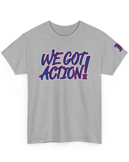Gar Gear WE GOT ACTION! Drop #80 Sport Grey crew neck t-shirt – front view