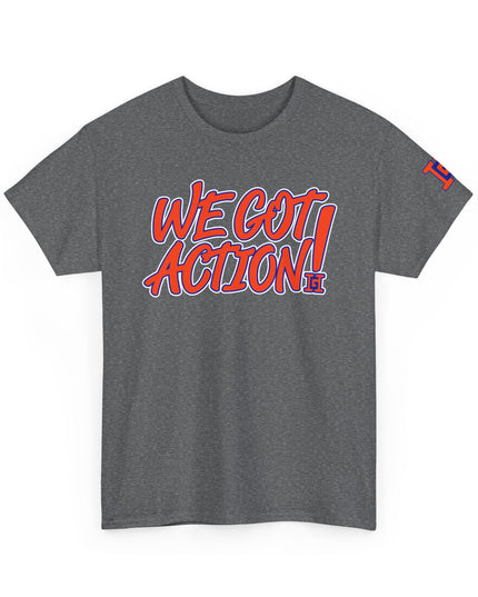 Gar Gear WE GOT ACTION! Drop #81 Heather Grey crew neck t-shirt – front view